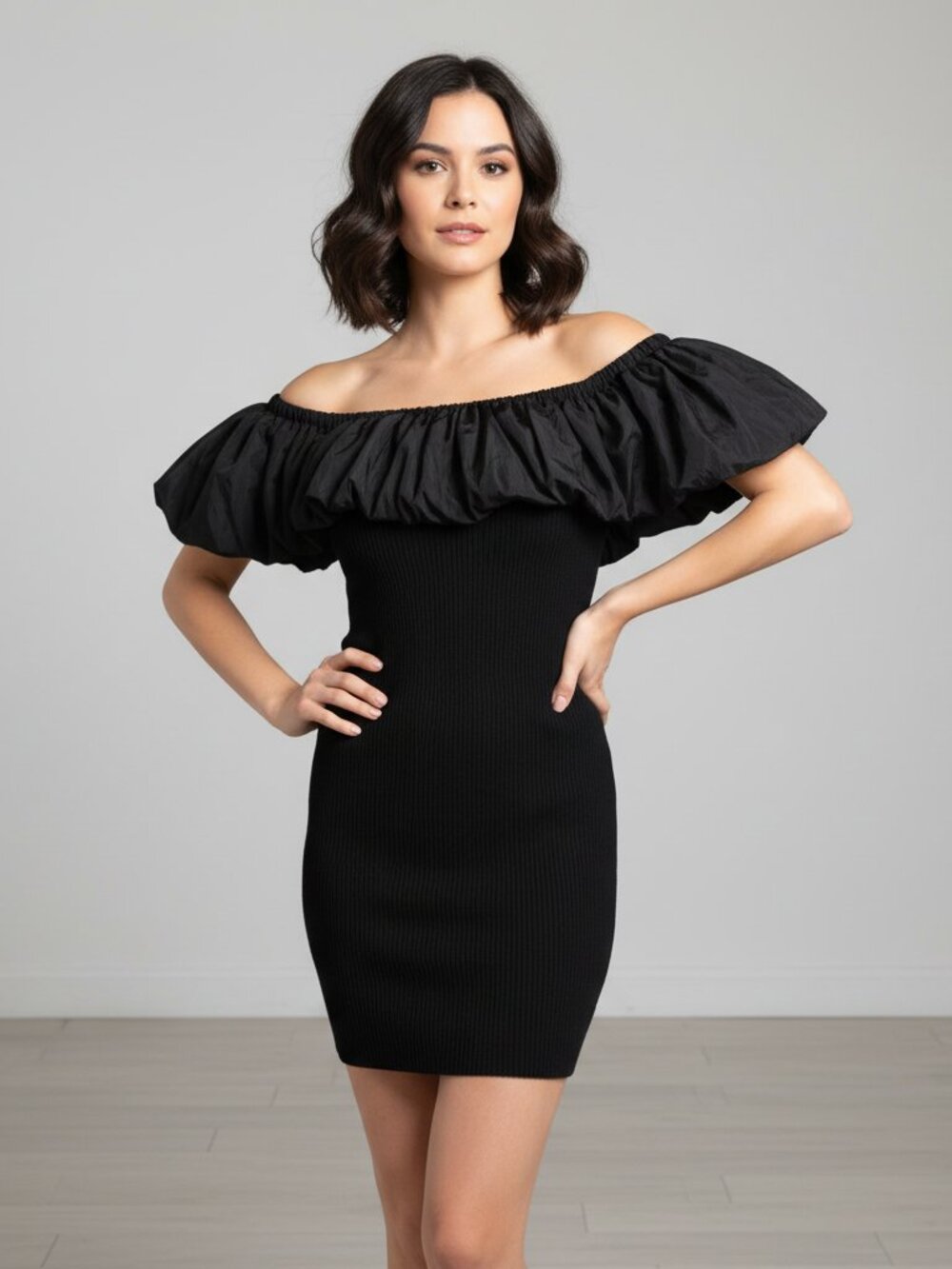 Astr ruffled off shoulder ribbed minidress NWT XS Black